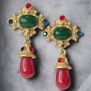 Chunky Matte Gold Plated Mogul Maltese Cross Glass Cabochon Dangle Earrings